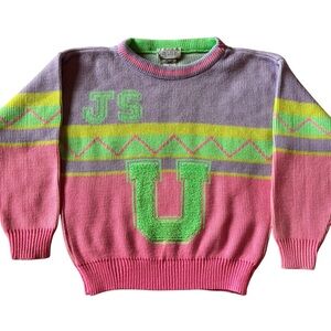 Vintage 80s Neon Colorblock Knit Sweater Pink Purple Green Graphic Small Jet Set